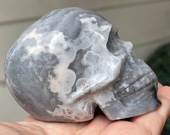 Orbicular Ocean Jasper Large Skull, Madagascar Blue ocean Jasper, AAA Collectors Jasper Carvings