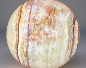 Cream & Pink Banded Onyx 19 inch Self standing Sphere, Handcarved Crystal Giant Orb, Natural Stone for Home Decor