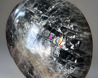 Black Moonstone Flat Palmstone, Moonstone Oval Medallion, Natural Rainbow Filled Unique Flashy Crystal, Moody Moonstone with a Flash