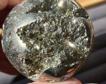 Pyrite Cube Cluster Sphere,  HQ Sparkly Golden Polished Pyrite Carved Crystal Orb (438)