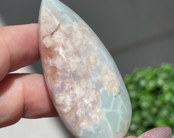 Green Flower Agate Teardrop Palm Stone, Pink Flower Agate HQ Crystals, Waterdrop Pocket Crystal, #92