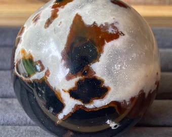 Spectacular Black Red White Zebra Jasper Sphere From India: 53 mm, Amazing Colors Patterns On This High Quality Display Orb