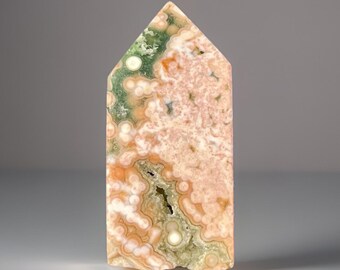 8th Vein Ocean Jasper Mini Tower with Pink Orange Bubbles and Green Quartz Flowers, Druzy Ocean Orbicular Jasper Point, Madagascar Jasper