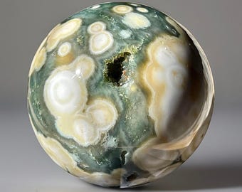 8th Vein Ocean Jasper Sphere, Marovato Jasper Crystal with Green Druzy, Collectors Orbicular Ocean Jasper