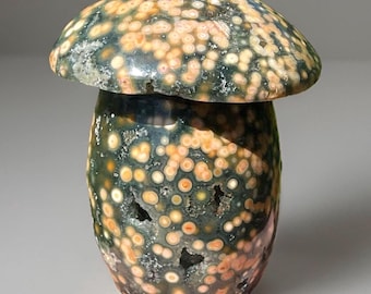 Orbicular Ocean Jasper Xl Mushroom, Marovato Bubble Jasper, Green Quartz & Red Yellow Orb Jasper, Fairy Garden Woodland Home Decor(472)
