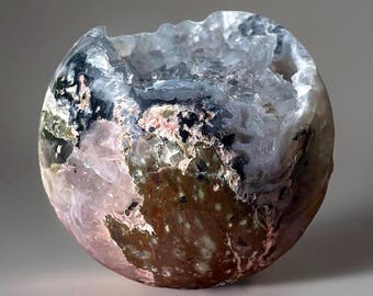 Agate Geode Sphere • Unique Natural Colorful Agate & Quartz Crystal Gift • Pink White Agate Ball