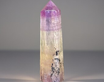 Dendritic Pink & Yellow Pastel Fluorite Obelisk, Natural Polished Crystal Tower, Unique Crystal Point