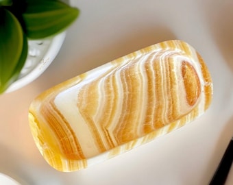 Orange Calcite Crystal Bowl, Natural Stone Jewelry Dish, Crystal Display Plate, Trinket Holder