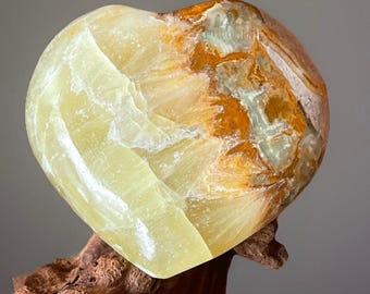 Yellow Honeycomb Calcite Heart: Colorful Sunny yellow Crystal, Polished Gemstone Pocket Stone (219)