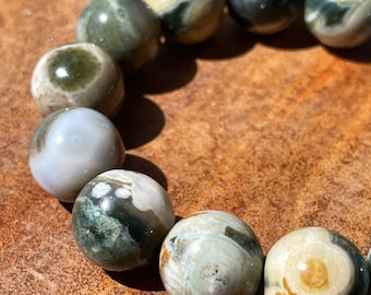 8th Vein Ocean Jasper Bracelet 15mm beads, Orbicular Ocean Jasper collectors edition jewelry