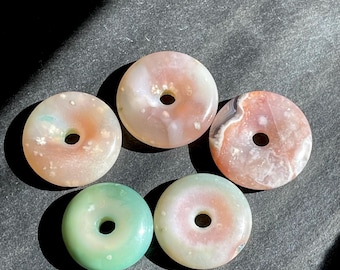 Flower Agate Donut Carving, Jelly Peachy Pink Green & Red Flower Agate Circle Pendant