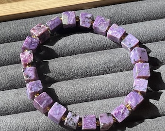 Charoite Minimalist Cube Bracelet, Natural Stone Bracelet -Purple & Gold Crystal Bracelet, Chakra Gift, Layering Stacking