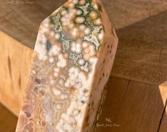 8th Vein Jelly Ocean Jasper Tower with Orange Bubbles and Green Quartz, Flower Druzy Ocean Orbicular Jasper Point AAA Madagascar