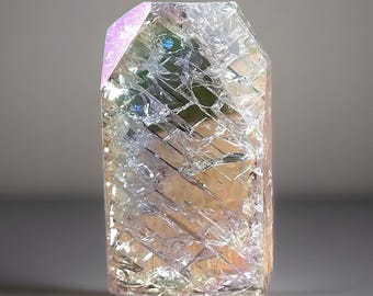 Angel Aura Crackle Clear Quartz Tower • Rainbow Quartz Crackle Crystal Brick