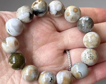 8th Vein Ocean Jasper Round Sphere Beaded Bracelet, Orbicular Ocean Jasper old stock collectors edition Colorful 15mm beads, #13