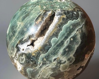 Orbicular Ocean Jasper Sphere with Black Morion quartz & Sugar Druzy • 7th Vein Green Ocean Jasper • Collector’s Black Flower Ocean Jasper