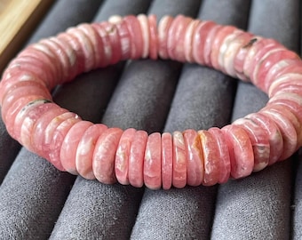 Natural Jelly Rhodochrosite Bracelet - 12mm Heishi Bead Bracelet - Pink Gemstone Bracelet - Heart Chakra Bracelet,One-of-a-kind wearable art