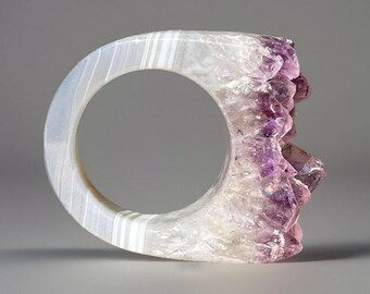 Amethyst Agate Cluster Ring Handcrafted High Quality, Lace Agate Amethyst with Rainbows Gemstone Ring