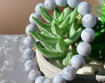 Blue Lace Agate Bracelet: 10mm Crystal Beaded Jewelry