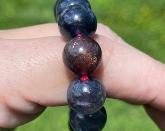 Iolite Sunstone Big Beads Bracelet with Deep Blue Color and Confetti, AAA Iolite Cordierite Dichroite Water Sapphire, No. 81