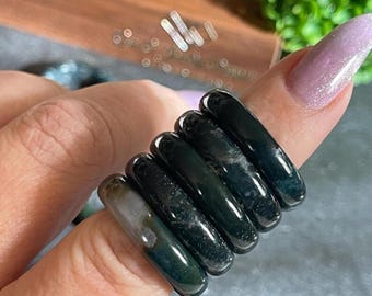 Moss Agate Crystal Ring, Natural Gemstone Circle Pendant, Unique Crystal Sphere Holder carved from Green Agate