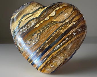 Large Tiger Iron Heart: Silver & Yellow Metallic Gemstone, 65mm