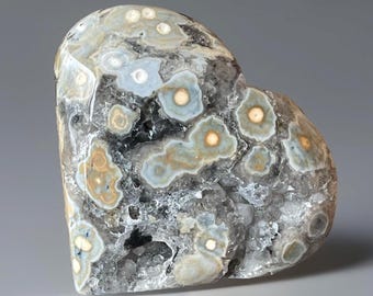 Orbicular Ocean Jasper XL Heart, Collectors Madagascar Ocean Jasper Carving with Quartz & Velvet Chalcedony (76)