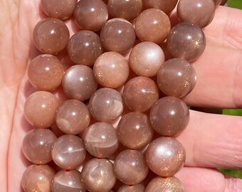Peach Moonstone Bracelet , Golden Peach Moonstone Beads 10 mm