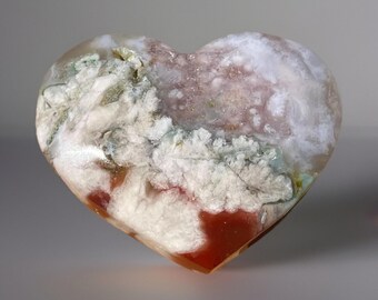 Green & Red Flower Agate Heart with Sparkling Pink Amethyst, Natural and Unique Crystal Heart gifts