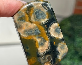 KABAMBY Ocean Jasper Slab Dog Tag Pendant with Blue Orbs , AAA Orbicular Ocean Jasper Madagascar collectors edition