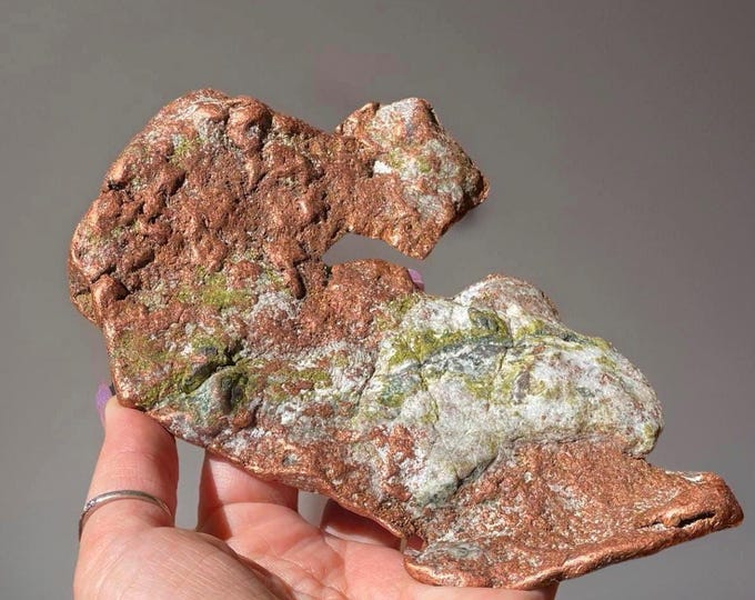 Featured listing image: Michigan Native Copper Specimen - Keweenaw Peninsula 7 inches, Malachite Prehnite XL Collectors Copper