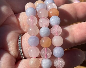 Morganite Bracelet 8mm - Beryl Bracelet with Morganite, Aquamarine, Helidor - No. 202