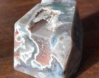 Pink Moss Agate Free Form with Morganite Color Druzy and Quartz, HQ Rare Moss Agate Crystals