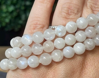 White Moonstone Crystal Bracelet - 8 mm Beads, Natural Blue Flash Gemstone Beads, Layering Stacking Jewelry