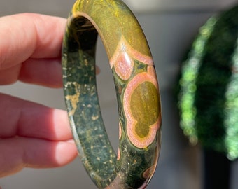 KABAMBY Ocean Jasper Bangle Bracelet with Pink Olive Orbs, Orbicular Ocean Jasper old stock collectors edition jewelry, #78
