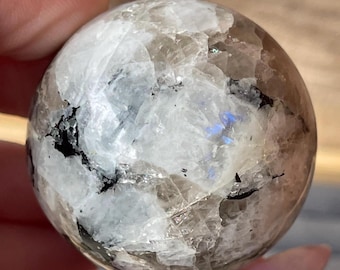 Rainbow Moonstone Sphere with Black & GREEN Tourmaline, Blue Flash HQ Crystal Ball, Natural Unique Moonstone, Polished Stone for Your Home