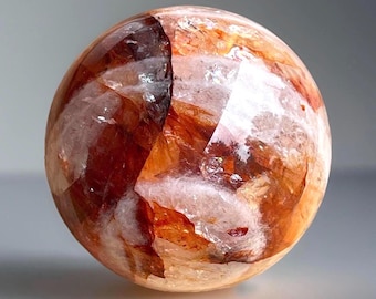 White Garden Fire Quartz Sphere Unique with Rainbows,  Rare Snowflake Fire Quartz, ferruginous Quartz, AAA Crystal Gifts