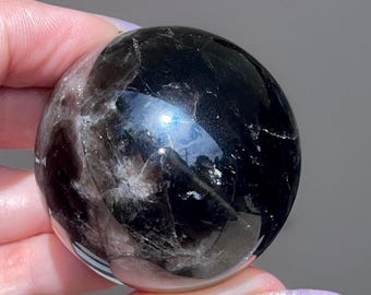 Star Black Rose Quartz Sphere, Rainbow Flash Madagascar Dark Moody Quartz, HQ Unique Crystal Ball with Asterisms (460)
