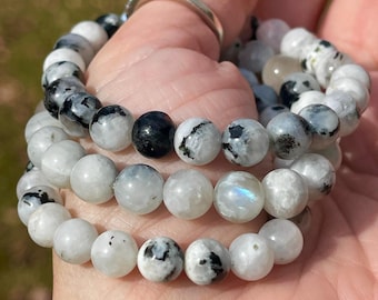 Rainbow Moonstone Bead Stretch Bracelet - 8mm Beads, Natural Blue Flashy Gemstone Crystal Jewelry