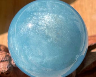 Aquamarine Large Sphere with a Chatoyant Confetti flash, Gemmy Blue aquamarine ball, AAA Grade Aquamarine