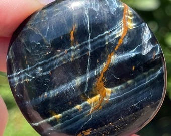 Blue Tiger Eye Cookie Flat: Chatoyant Crystal Polished Gemstone Pocket Round Stone