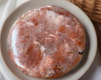Arusha Sunstone Cookie Flat, Golden Confetti Sunstone Polished Crystal Pocket Round