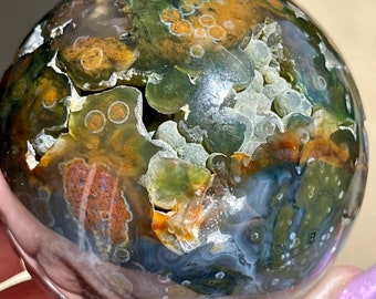 8th Vein Blue Jelly Ocean Jasper Statement Sphere with druzy, AAA Collectors Madagascar Stock Botryoidal Ocean Jasper - No.48