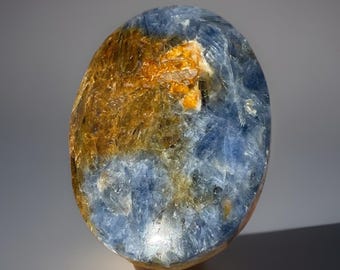 Blue Kyanite with Smoky Quartz Palm Stone, Manifestation Stone,  Kyanite Pocket Crystal Gift