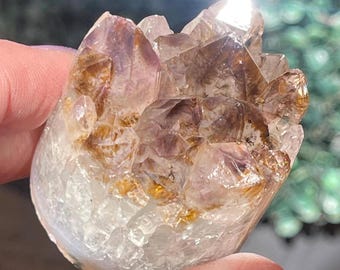 Amethyst Core Cluster with Cacoxenite Inclusions on Agate Base, Natural Phantom Crystal Cluster (95)