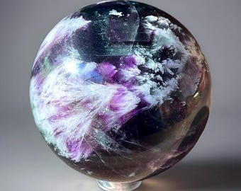 Feather Fluorite Sphere - #81, Purple and White Beautiful Natural Fluorite Crystal Ball