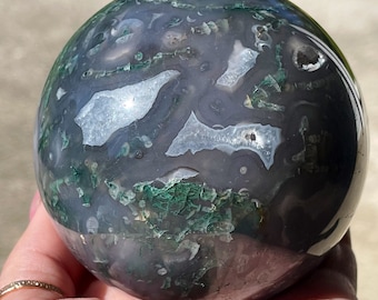 Moss Agate XXL Sphere with Blue Grey Chalcedony