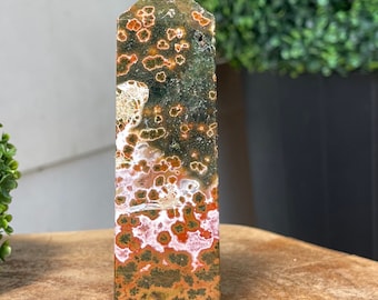 Ocean Jasper HQ Tower with Pink Orange Flowers Orbs in Green Quartz, AAA Madagascar Jasper - #80