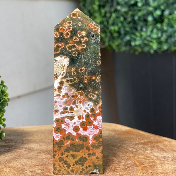 Ocean Jasper Big HQ Tower with Pink Orange Flowers Orbs in Green Quartz, AAA Old Stock Jasper, #80