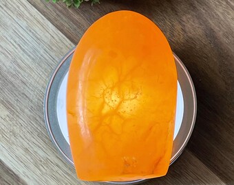 Orange Calcite Freeform, Dreamy Bright Orange Twist Calcite, Madagascar Natural Polished Stone Flame, Rare Crystal for Gifting Collecting